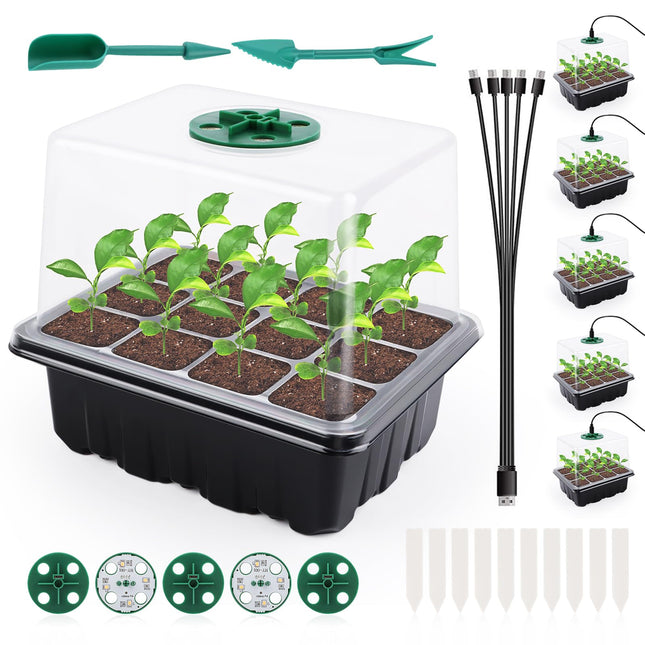 NVIYAM 5 Pack Mini Greenhouse Propagator, 60 Cells Grow Kit with Light, Indoor Greenhouse with High Lid, Propagator for Plants, Small Grow Box
