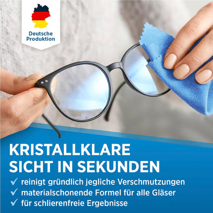 PRINOX® Glasses Cleaner Set 250ml with microfiber glasses cleaning cloth - Glasses cleaner with microfiber cloth for all glasses against grease stains and fingerprints on the glasses