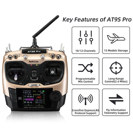 Radiolink AT9S Pro RC Remote Control with Receiver, 10/12 Channels with Receiver-R9DS 2.4 GHz Remote Control Transmitter for RC Drone Airplane Glider Car Boat (Mode 2 Left Hand)