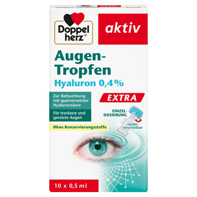 Doppelherz Eye Drops Extra Hyaluron 0.4% – Moisturizing eye drops with soothing effects for dry and irritated eyes – 10 x 0.5 ml