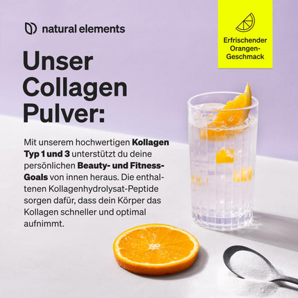 Collagen Powder 500 g – Collagen Hydrolysate Peptides – Collagen Type 1 and 3 – fresh orange flavor, perfect solubility, natural, laboratory-tested and produced in Germany