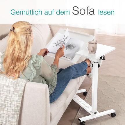 ELONEO maxVitalis mobile overbed table on casters, height-adjustable/width-adjustable standing table, tiltable/foldable tabletop, bedside table for hospital bed, nursing bed, laptop table (white)