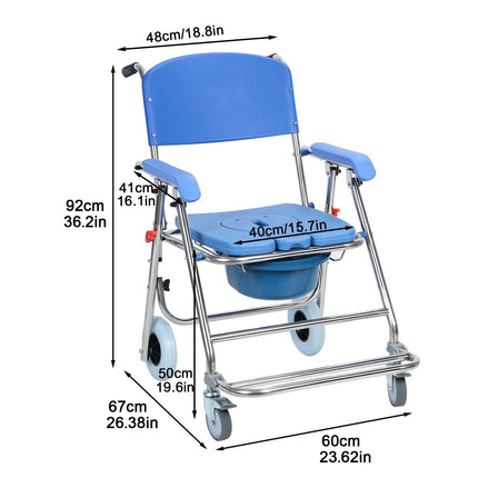 Foldable shower-commode wheelchair, height adjustable with removable bucket and footrests, mobile toilet chair with wheels, suitable for seniors and people with limited mobility Bl