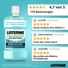 LISTERINE Cool Mint Mild (500 ml), antibacterial mouthwash with essential oils &amp; alcohol-free, mild dental care mouthwash, reduces plaque, effectively combats bad breath