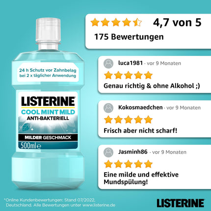 LISTERINE Cool Mint Mild (500 ml), antibacterial mouthwash with essential oils &amp; alcohol-free, mild dental care mouthwash, reduces plaque, effectively combats bad breath