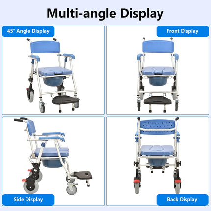 Toilet chair for seniors with wheels, multifunctional shower chair with wheels, foldable, blue shower toilet chair mobile with urine bucket, toilet wheelchair for the elderly and disabled comfort