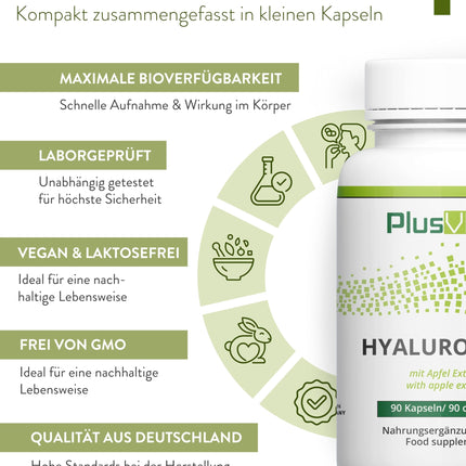 PlusVive Hyaluronic Acid Capsules High Dosage I 1 x 90 Capsules with Apple Extract I 500mg Hyaluronic Acid with 500-700 kD per Capsule I Hyaluronic Capsules I Dietary Supplement Vegan &amp; Laboratory Tested