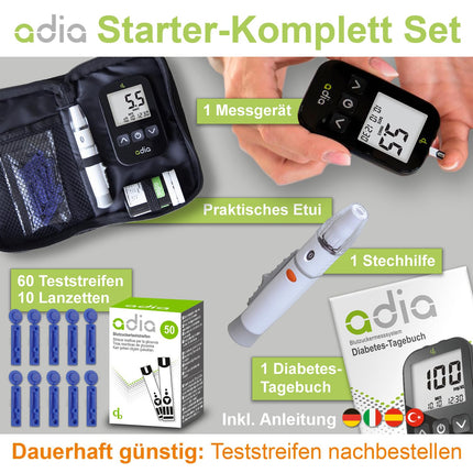 adia blood glucose meter (mmol) with 60 blood glucose test strips, 10 lancets, 1 lancing device, 1 case, value set for blood glucose self-monitoring in diabetes