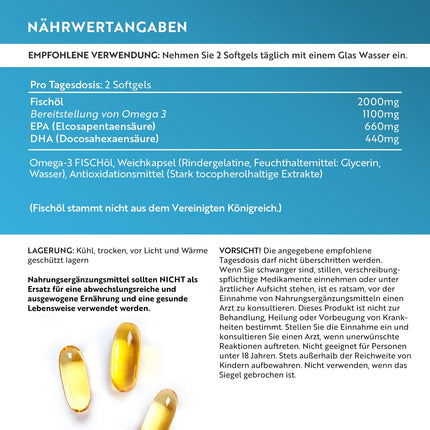 Omega 3 capsules high-dose 240-2000mg fish oil capsules with 660mg EPA &amp; 440mg DHA per serving - Omega 3 oil, pure fish oil from sustainable fisheries - Tested/Certified in Germany - Nutravita