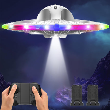 Drone RC UFO for children and beginners, remote-controlled aircraft with light, RC aircraft helicopter quadcopter with automatic hover function and 2 batteries (15 mins)
