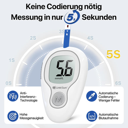 Blood glucose meter set, 100 test strips, 100 lancets, 1 blood glucose meter, 1 lancing device, diabetes test set without coding, glucometer with large display, glucometer for home use