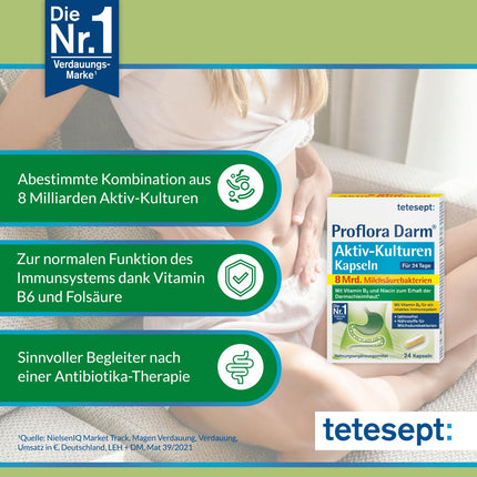 tetesept Proflora Intestinal Active Cultures Capsules – 4 x 24 Capsules – Food supplement with 8 billion lactic acid bacteria, vitamins, and inulin – Large pack