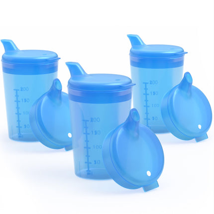 Horn Medical 3-pack 250ml adult sippy cup/drinking aid sets with two lids (large &amp; small opening) per set - color selectable (blue)