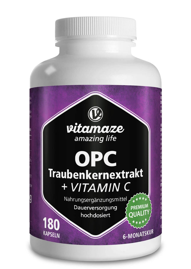 OPC grape seed extract capsules, certified, high-dose: 450 mg pure OPC, 180 capsules for 6 months, natural food supplement without additives, Made in Germany
