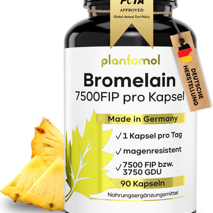 Bromelain capsules with 7500 FIP/capsule - High-dose bromelain - 750mg bromelain enzyme from pineapple - Enzyme activity of 10,000 FIP/g - 3-month supply