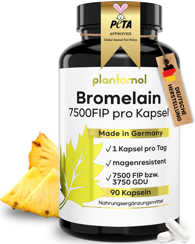 Bromelain capsules with 7500 FIP/capsule - High-dose bromelain - 750mg bromelain enzyme from pineapple - Enzyme activity of 10,000 FIP/g - 3-month supply