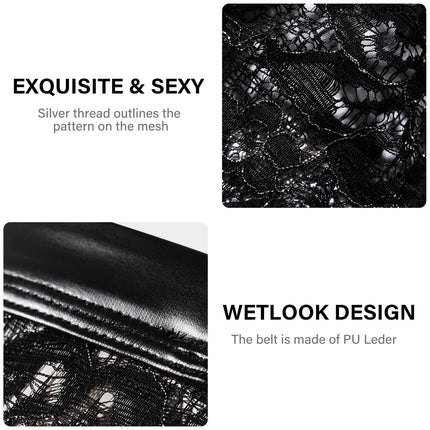 Casey Kevin String Tanga Men's Lace Thong Men Mesh Transparent PU Leather Underwear Wetlook G-String T-Back Bikini