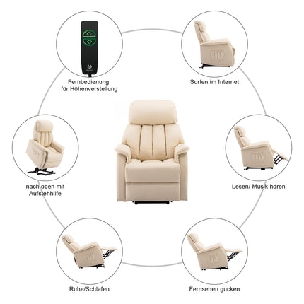 M MCombo TV armchair with electric riser, recliner chair with reclining function, senior armchair for the living room, TV armchair with reclining function up to 140°, with USB 7299 (faux leather, cream white)