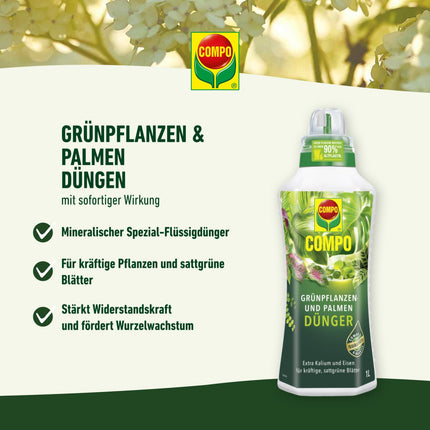 COMPO Green Plant Fertilizer and Palm Fertilizer – Special liquid fertilizer for all indoor, balcony, and patio plants – 1 liter