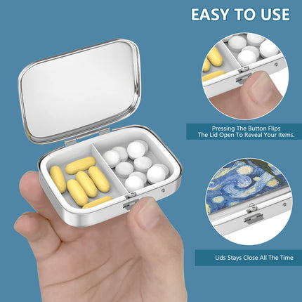 Pill Box 2 Compartments Medicine Pill Box, Portable Pill Box for Pocket or Purse Pill Box Decorative Metal Medicine Vitamin Organizer Unique Gift