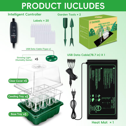 YAUNGEL Indoor Greenhouse Propagator with Plant Lamp Heating Mat, 5 Pieces Mini Greenhouse Propagation Set with Timing Controller Adjustable Brightness, Thickened Greenhouse with Lid and Ventilation