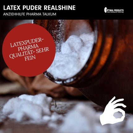 Optimal Products Latex Powder REALSHINE 650 g I white talcum powder suitable as a dressing aid for latex clothing, latex gloves and their storage I odorless pharmaceutical quality talc antistatic