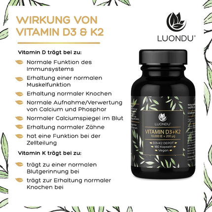 Luondu Vitamin D3 10,000 IU + Vitamin K2 MK7 200 mcg Depot (High Dose &amp; Vegan) Vitamin D3 K2 Capsules High Dose (180 Capsules)