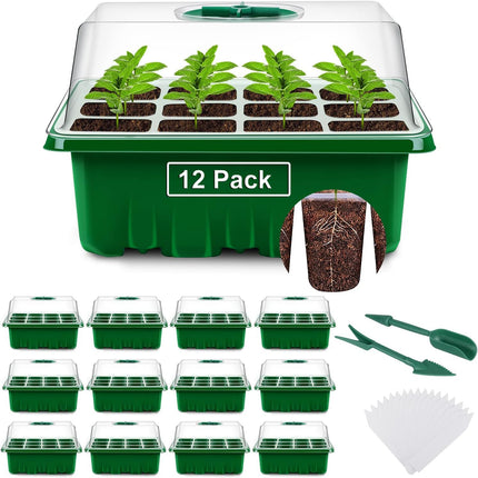 YAUNGEL Indoor Greenhouse Propagator, 12 Pack 144 Cells Mini Greenhouse Propagation Set Seedling Starter Trays Greenhouse Propagation Tray with Lid and Ventilation for Seedling Plant, Green