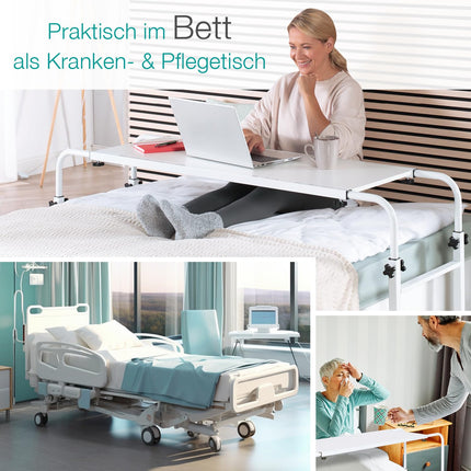 ELONEO maxVitalis overbed table on castors, height-adjustable/width-adjustable, overbed table, mobile desk, nursing table, laptop table, bedside table, width 119-190 cm &amp; height 78-120 cm
