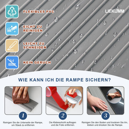 LIEKUMM 1 cm high PVC door threshold ramp, 800 kg load capacity, door threshold ramp for robot vacuum cleaners, wheelchair ramp for indoor and outdoor use, threshold ramp for electric wheelchairs, strollers, garages, gray