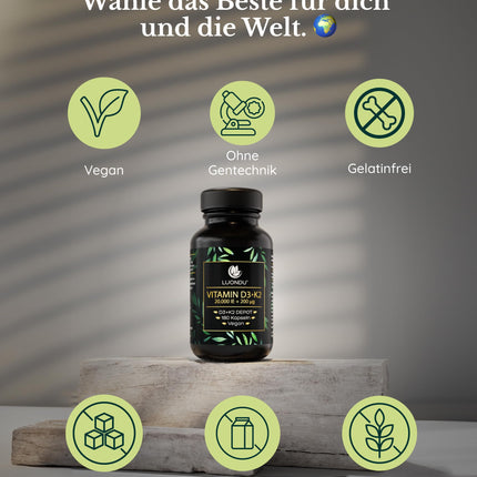 Luondu Vitamin D3 20,000 IU + Vitamin K2 MK7 200 mcg Depot (High Dose &amp; Vegan) high dosage | No additives, Made in Germany (180 Capsules)