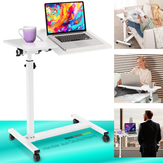 ELONEO maxVitalis mobile overbed table on casters, height-adjustable/width-adjustable standing table, tiltable/foldable tabletop, bedside table for hospital bed, nursing bed, laptop table (white)