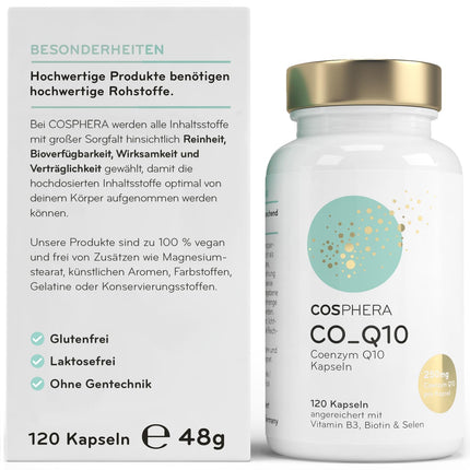 Coenzyme Q10 - High dose with 250 mg per capsule. 120 vegan capsules in a 4-month supply - Enriched with biotin and niacin to contribute to the maintenance of normal skin and normal energy metabolism.