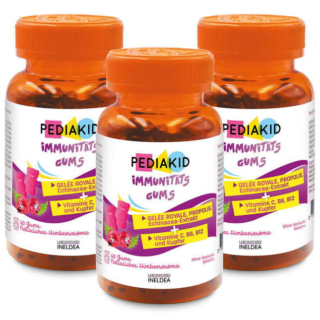 PEDIAKID - Immunity Gums - Natural formula with delicious raspberry flavor - Contributes to the normal function of the immune system - Supports the body's defenses - 3 x 60 gums