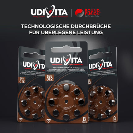 80 hearing aid batteries Udivita size 312 (brown) PR41 Zinc-Air with Sound Fusion technology – 10 blisters with 8 batteries