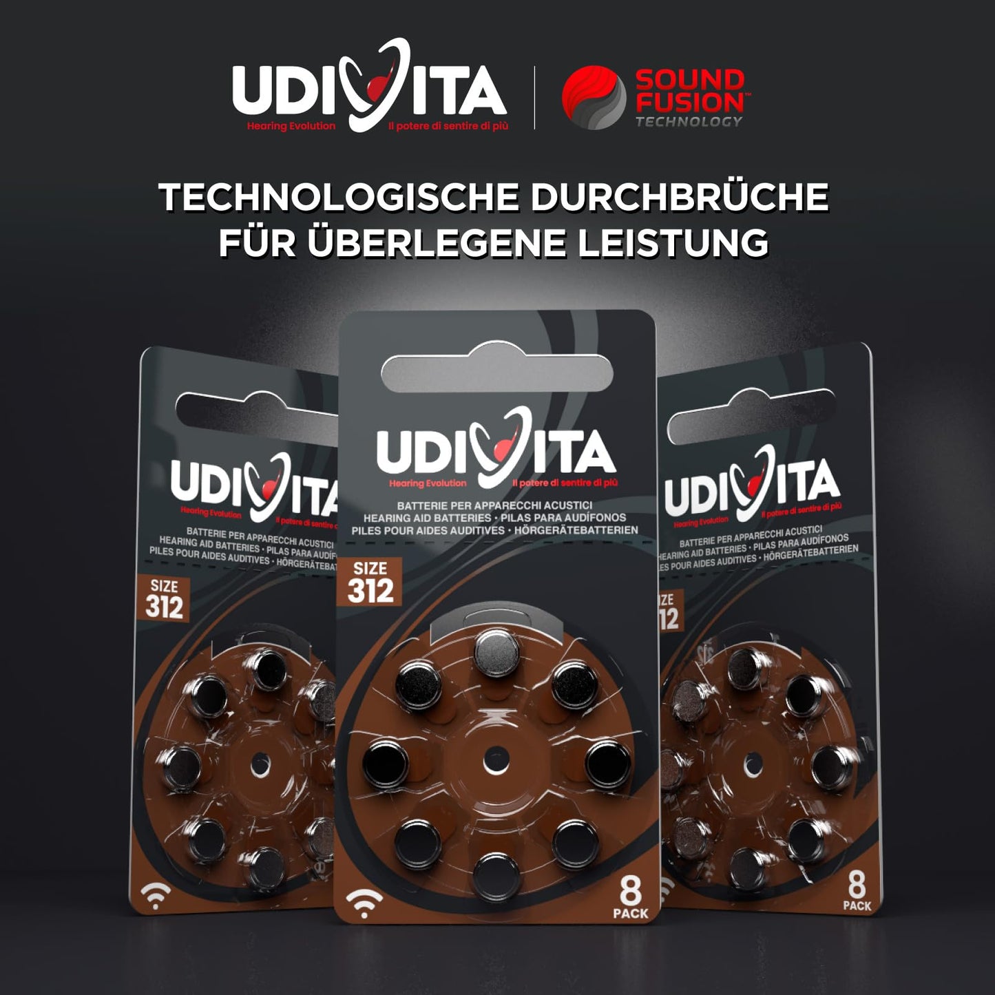 80 Batterien für Hörgeräte Udivita Größe 312 (Braun) PR41 Zink-Luft mit Sound Fusion-Technologie – 10 Blister mit 8 Batterien