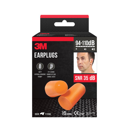 3M Earplugs 1100 with soft foam for high hearing protection against high noise levels in the range of 94-105 dB (SNR: 37 dB), 30 pairs, orange