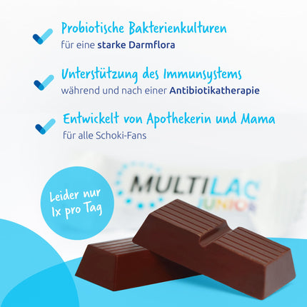 MULTILAC INTESTINAL SYNBIOTIK Junior with 20 chocolate bars. Contains selected bifidobacteria and lactobacilli with inulin and 1 billion bacteria. Sugar-free, gluten-free, and lactose-free. Only once daily.