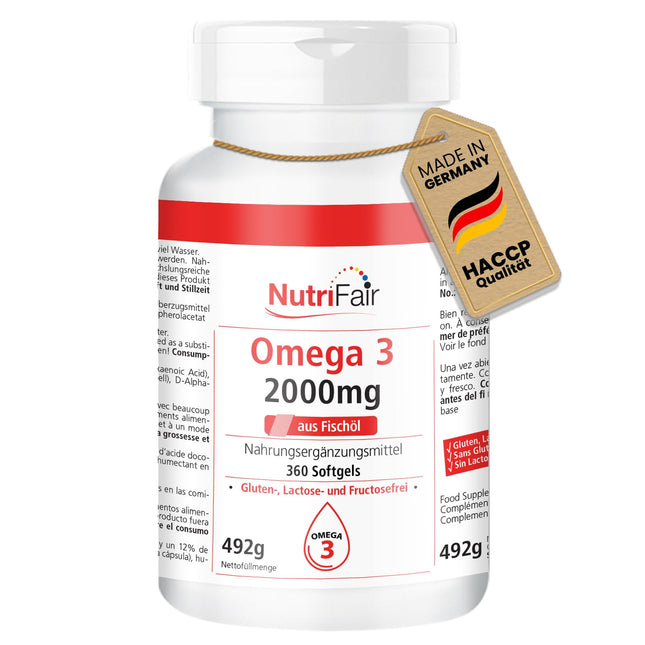 Omega 3-360 Softgels - 2000mg fish oil per daily dose - with EPA, DHA &amp; Vitamin E - High Dosage - German Production &amp; Laboratory Testing - NutriFair | Premium &amp; Fair