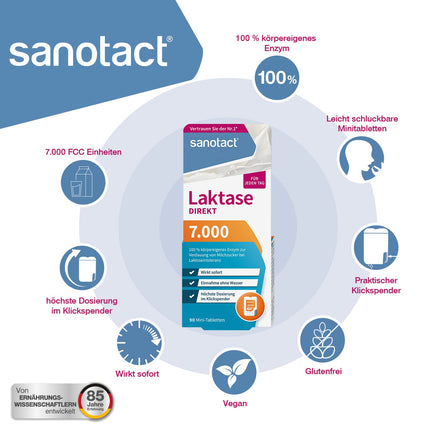 sanotact Lactase 7,000 DIRECT (90 mini lactase tablets) • Lactose tablets for every day • For lactose intolerance, lactose and milk intolerance • Quick to take without water