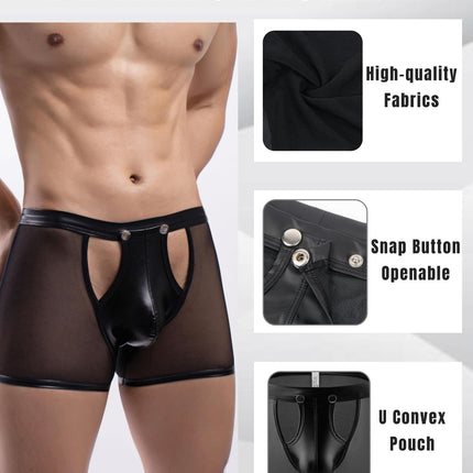 comeondear Leather Boxer Shorts Men's Large Size Sex Sexy Underwear for Men Erotic Transparent Underpants with Bulge Sissy Gay Lingerie Open G-string Briefs Wetlook Lingerie (Black, L)