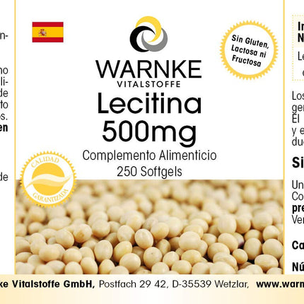 Lecithin 500mg - from soy - 250 softgels - GMO-free - high dosage - bulk pack | Warnke Vitalstoffe - German pharmacy quality