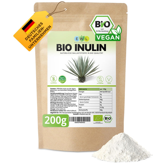 EWL Natural Products Inulin Powder ORGANIC 200g, fiber powder obtained from agave, inulin powder organic from controlled organic cultivation