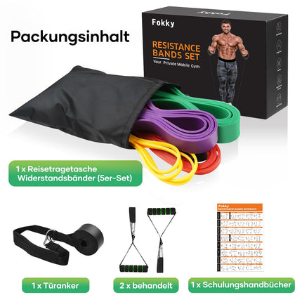 Fokky Fitness Bands Resistance Bands with 5 Levels, Resistance Bands with Door Anchor, 2*Handles, Exercise Instructions &amp; Carrying Bag, Gymnastic Band Pull-Up Band Fitness Band for Muscle Building, Yoga, Pilates Set of 5