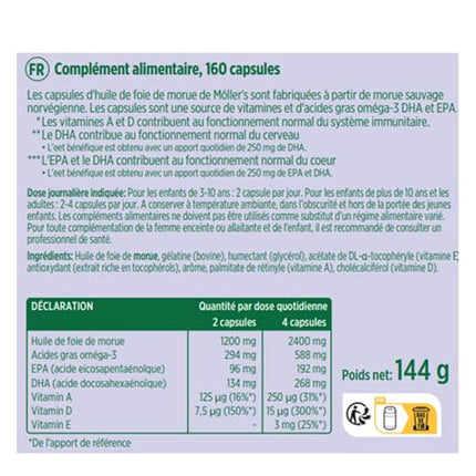 Moller's ® | Cod Liver Oil Capsules | Omega-3 fatty acids DHA &amp; EPA, Contains vitamins A, D &amp; E, Supports immune system, heart function, brain function &amp; vision | 160 Capsules