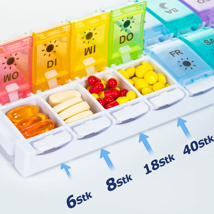 Pill box 7 days, pill box 14 days 2 compartments, morning evening medication box 14 compartments with push button design, tablet organizer for fish oil, dietary supplements