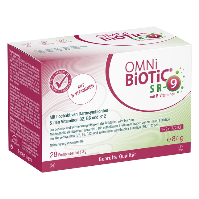 OMNi BiOTiC SR-9 with B vitamins | 28 servings (84g) | 9 bacterial strains | 15 billion bacteria per daily dose | Powder | Vegan | Gluten-free | Lactose-free | For daily use