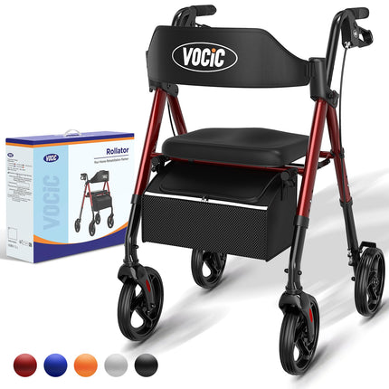VOCIC Rollator Foldable and Lightweight with Seat, Narrow Rollators for Home, Rollators for Seniors Foldable with 20cm Tires for All Terrain, Seat and Handle Height Adjustable, 5-Year Warranty | Dark Red