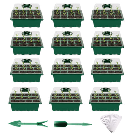 Indoor Greenhouse Propagator, 12 Pack 144 Cells Greenhouse Propagator Tray, Seedling Starter Tray Trays Greenhouse with Adjustable Dome Lids for Growing Plant Seeds Seedling Plant