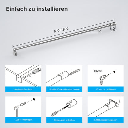 Heilmetz® Grab Bar Stabilizing Bar for Shower Screens Stabilizer for Glass Thickness 8-10 mm Shower Shower Screen Stainless Steel 70-120cm Round Grab Bar (1 Pack)
